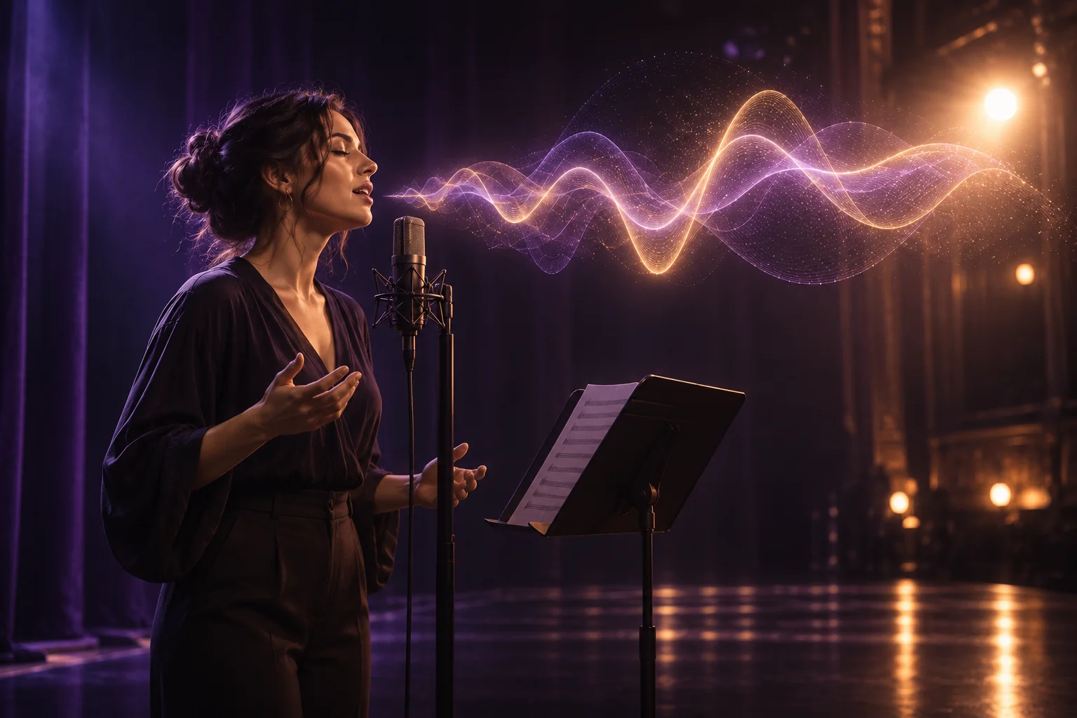 An artistic visualization of a singer preparing on an intimate stage, with violet and gold sound waves.
