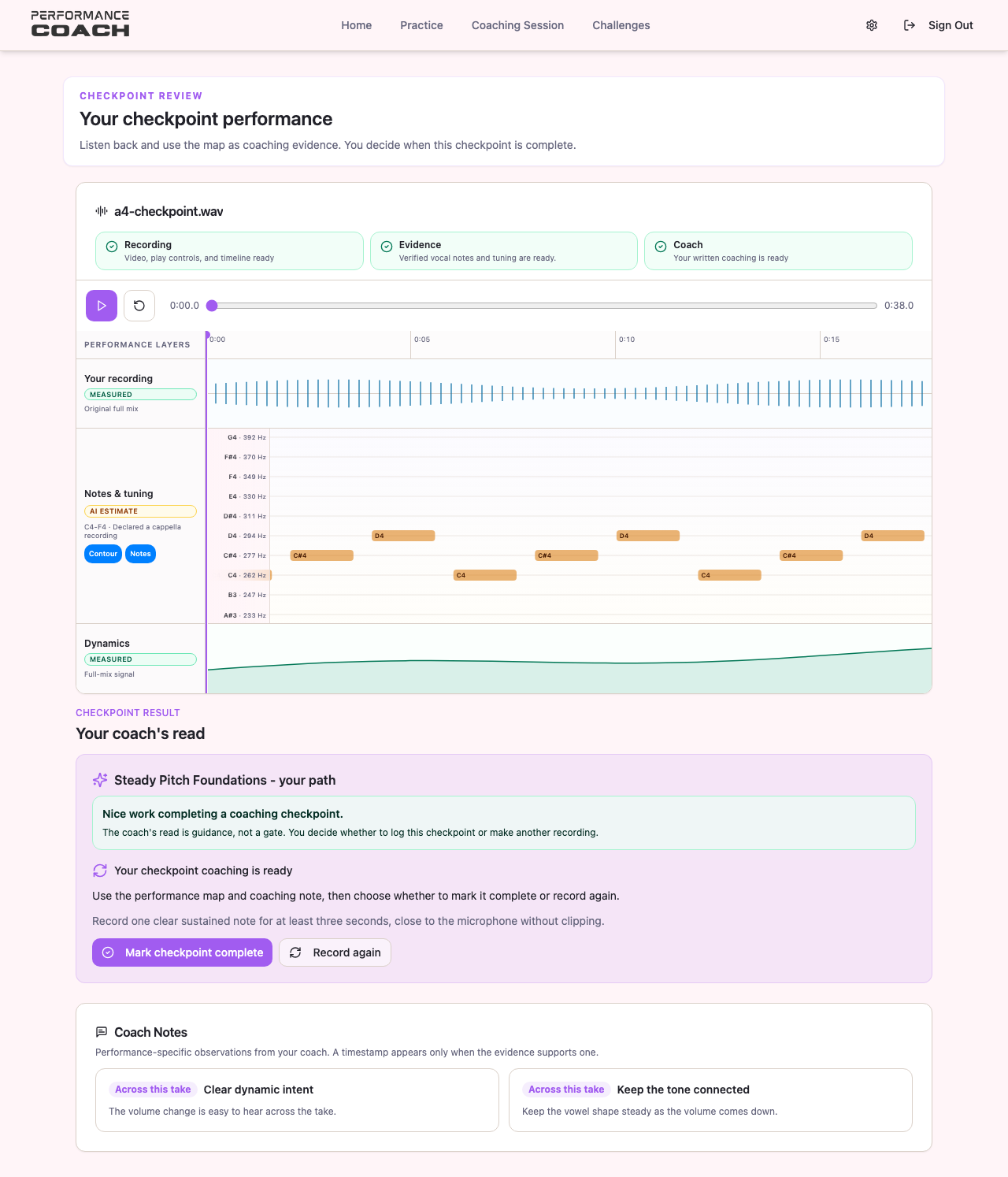 Performance Map showing a recording timeline, detected vocal notes and tuning, and measured dynamics