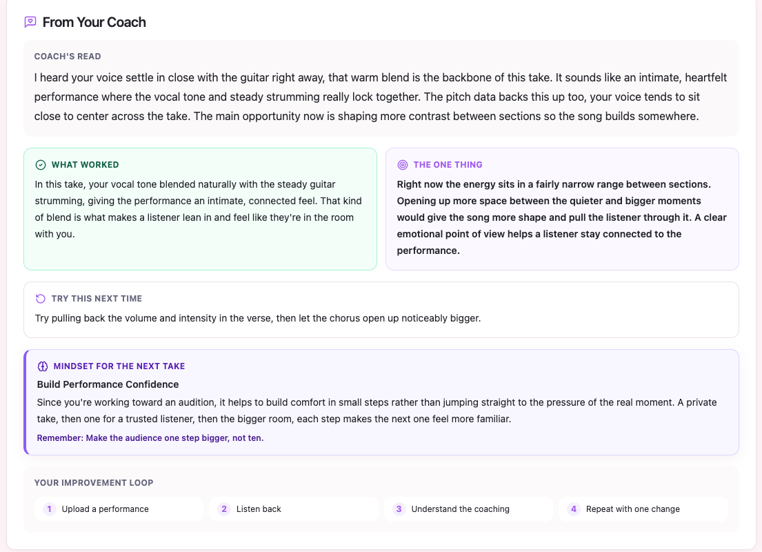A real coaching session showing the coach's read, what worked, one priority, and what to try next