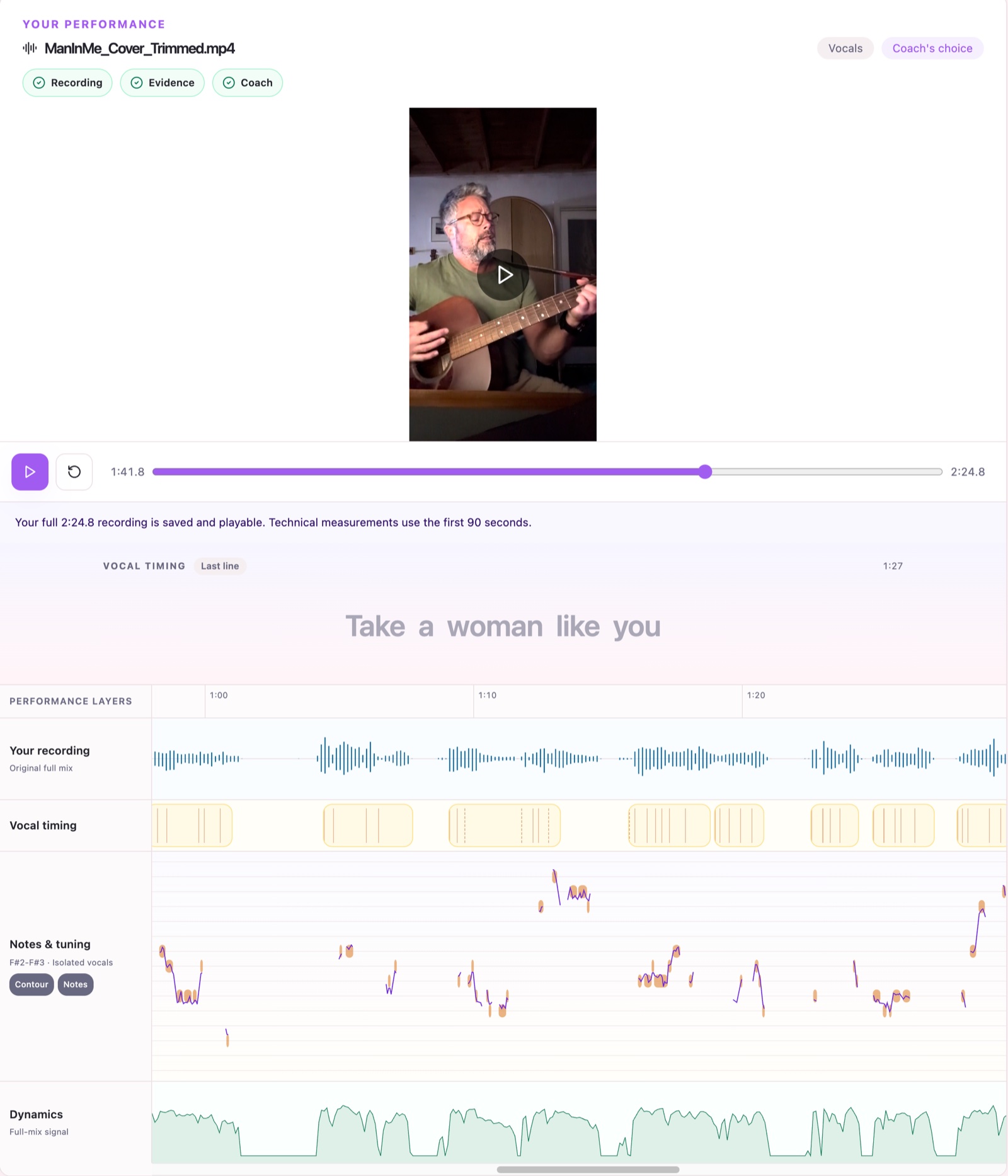 Performance Map from a real coaching session showing lyric timing, the recording waveform, phrase blocks, and sung notes traced against pitch