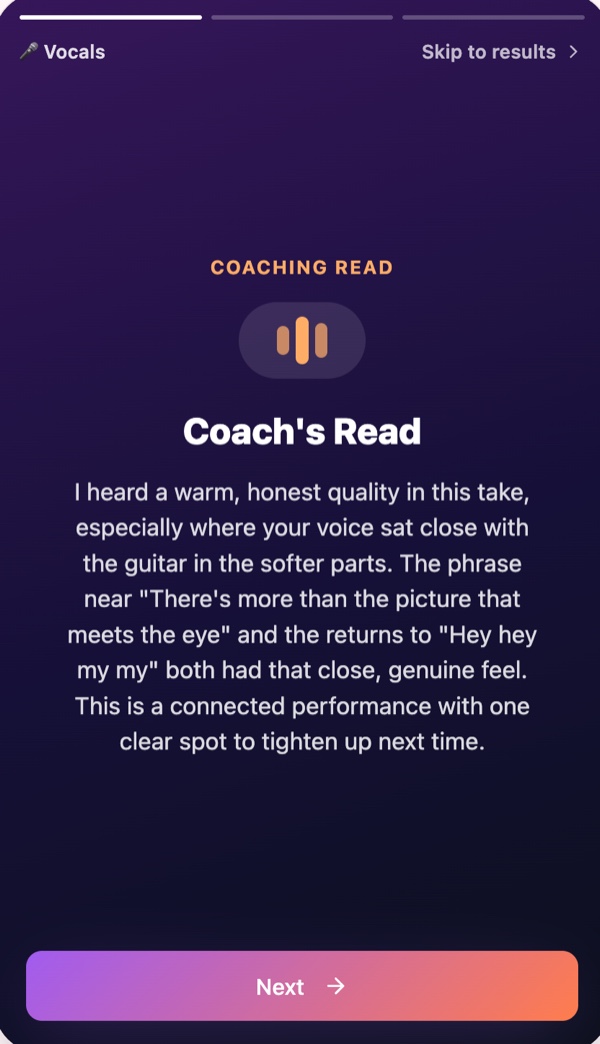 Coach's Read story slide from a real coaching session: the coach describes a warm, honest quality in the take and quotes the sung lyrics