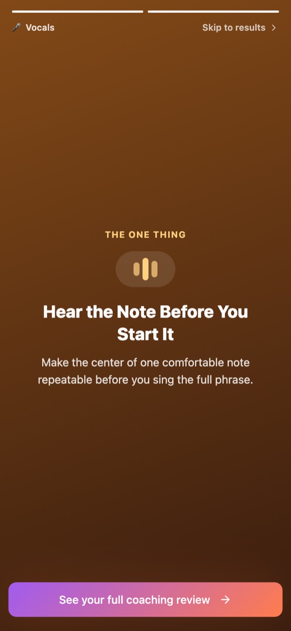 The One Thing story slide from a real coaching session: hear the note before you start it, with a one-line practice instruction