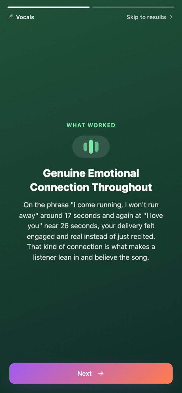 What Worked story slide from a real coaching session: the coach names genuine emotional connection at 17 and 26 seconds into the take